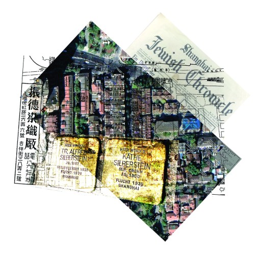An overlay of an old map and a historical document featuring the names Dr. Alfred Silberstein and Katie Silberstein with a reference to Shanghai and the year 1939.